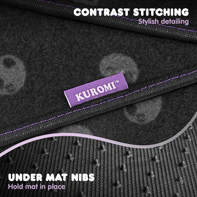 Kuromi Carpet Car Floor Mats - Universal Fit for Cars, SUVs & Trucks - Black with Kuromi Print & Purple, Pink Accents - Front & Rear Set, 4 Piece