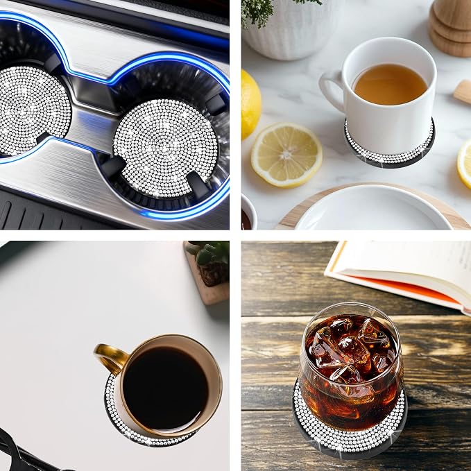 BFXM 2 PCS Bling Cup Holder Coaster, Car Accessories for Women 2.75 inch Diamond Universal Non-Slip Silicone Cup Holder Coasters, Sparkly Bling (White)