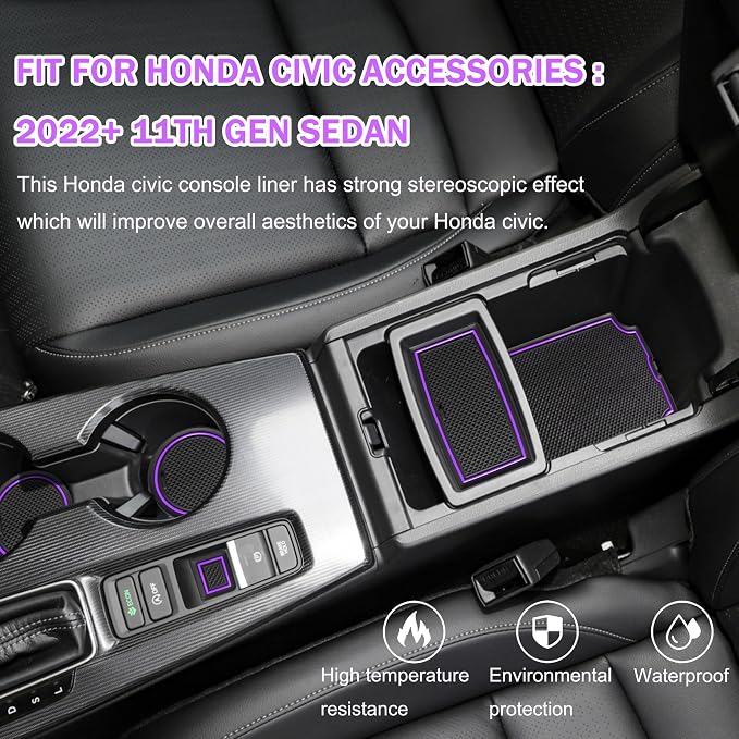 for Honda Civic Accessories 2022 2023 2024 2025 2026 11th Gen Sedan Cup Holder Insert Center Console Liner Door Slot Mats Pad Coaster Trim Premium Rubber Custom Interior 17PC Set(Purple Trim)