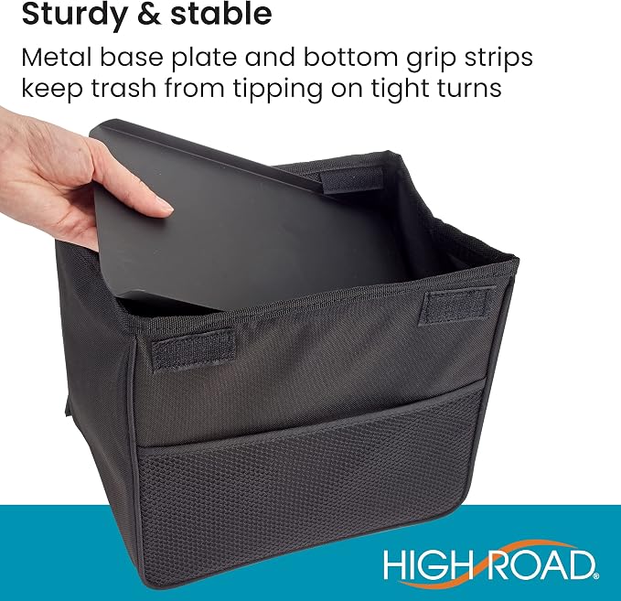 High Road TrashStand Weighted Car Trash Can with Lid and Removable Leakproof Liner - Universal Fit Behind Center Console in Back Seat - Holds 2 Gallons of Car Garbage | High Road's Behind Console Car Garbage Can With Bottom Weight, Floor Grips and Remo...