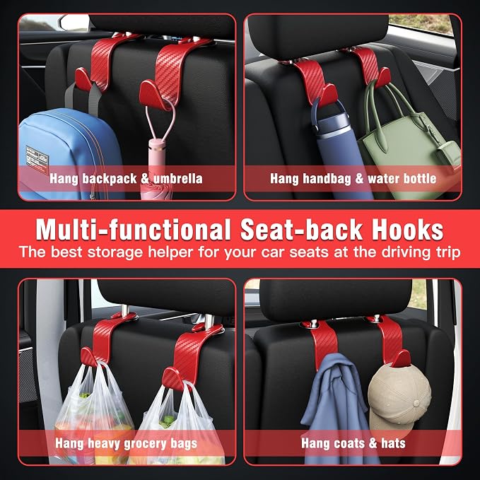 Amooca Car Seat Headrest Hook 4 Pack Hanger Universal Vehicle Car Storage Organizer for Handbag Purse Coat S Type Checkered Red