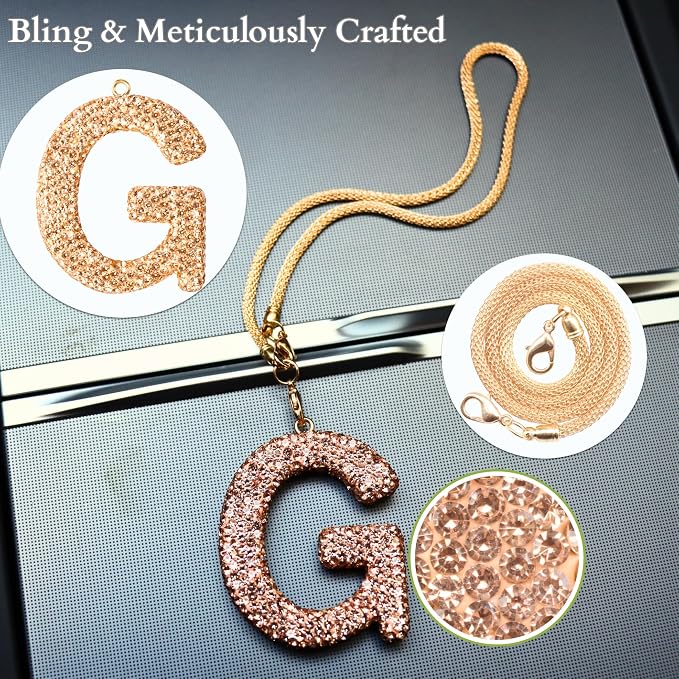 Bling Car Accessories for Women Letter Charm, Rainbow Crystal Rearview Mirror Pendant, Cute Diamond Rhinestone Car Decor, Lucky Gift for Women(G, Champagne Gold)