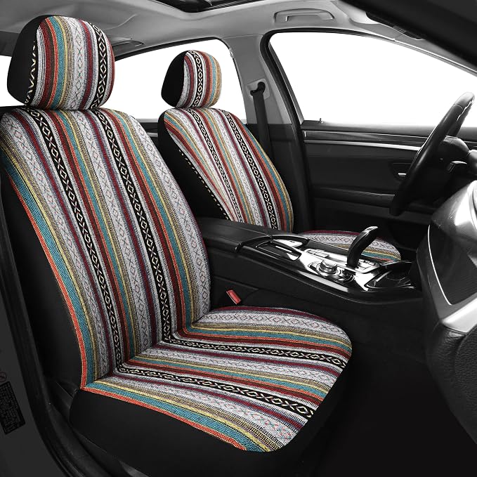 HAIYAOTIMES Baja Saddle Blanket Car Seat Covers Front Set with Seat Belt Pads, Washable Breathable Seat Covers for Cars, Universal Fit Interior Covers for Most Sedan Truck SUV, Airbag Compatible, Red
