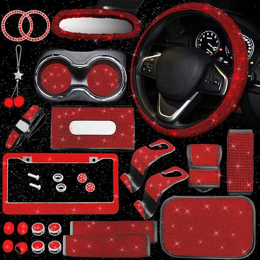 25PCS Bling Car Car Accessories Set,15 Inch Steering Wheel Cover,Shiny License Plate Frame,Center Console Cover and Rearview Mirror Set and Other Car Accessories(Red)