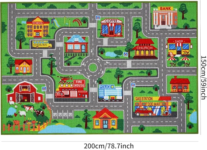 Kids Rug Car Carpet 78.7"x59", Car Rug for Kids Room Playroom Bedroom, Non-Slip Town City Road Map Rugs, Track Car Mat for Kids Boys Girls (78.7X59Inch,Green)