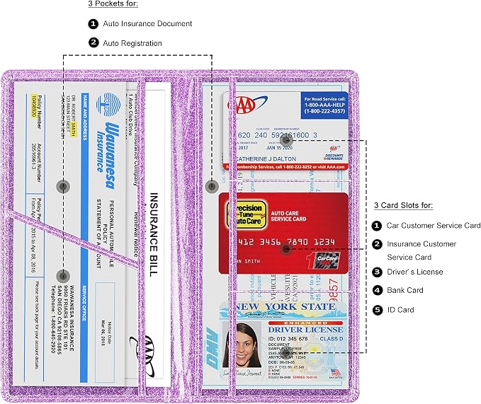 TOURSUIT Car Registration and Insurance Card Holder, Glitter Purple | Vehicle License Document Organizer, Glove Box Compartment, Interior Car Accessories, For Women Men