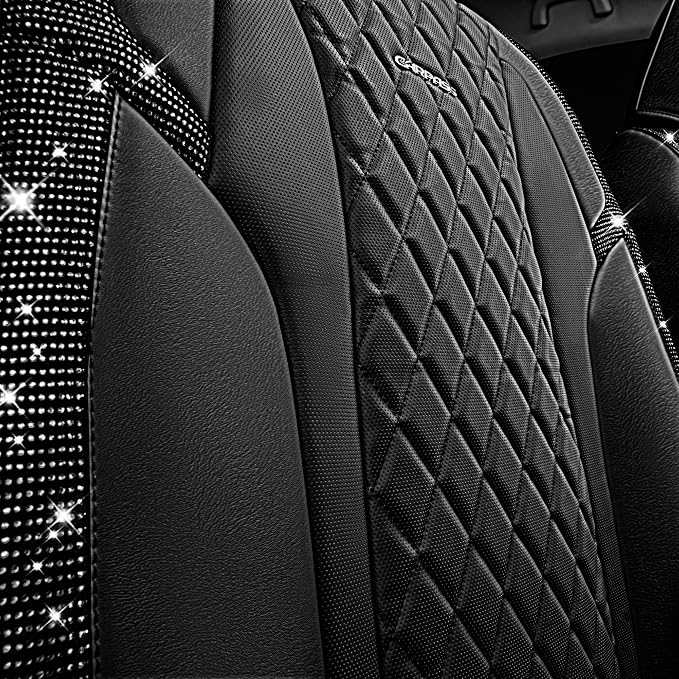 CAR PASS Nappa Leather Seat Covers Front,Black Diamond Bling Car Seat Covers Front Seats Luxury Padded Waterproof,Universal Fit for Cars SUVs,Trucks,Anti-Slip,Glitter Sparkly Shining Black Rhinestone