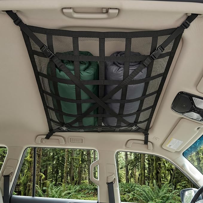 1 PC Car Ceiling Cargo Net Pocket, 31.5" x 21.6" Double-layer Roof Storage Organizer, Heavy Duty Overhead Mesh Net with Buckle Fasteners, Universal for Most Cars, Trucks, SUVs (Black)