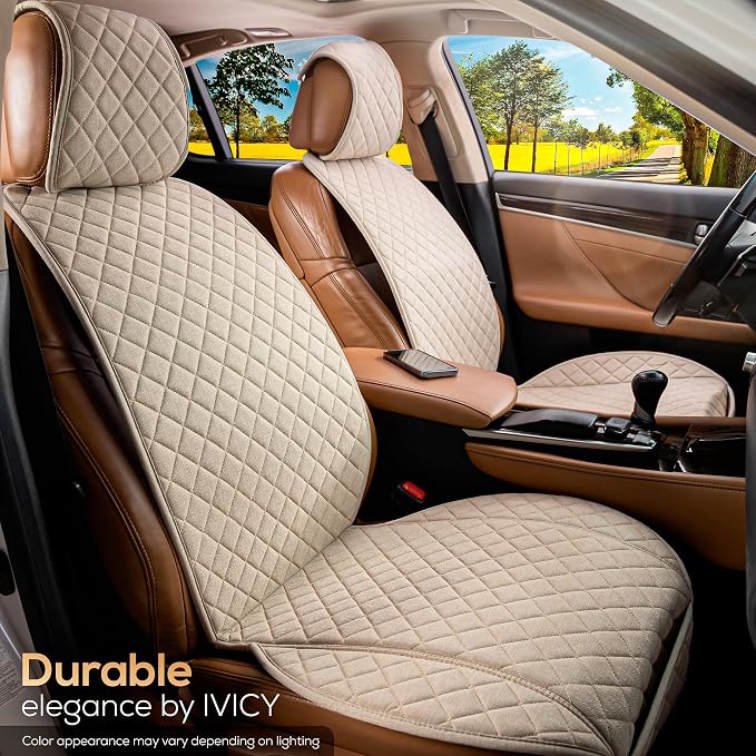 IVICY Faux Linen Front Car Seat Cover – Non-Slip Bucket Seat Protector for Most Cars, SUVs, Vans & Trucks – 1 Seat Cover, Machine Washable, Side-Airbag Friendly, Light Beige