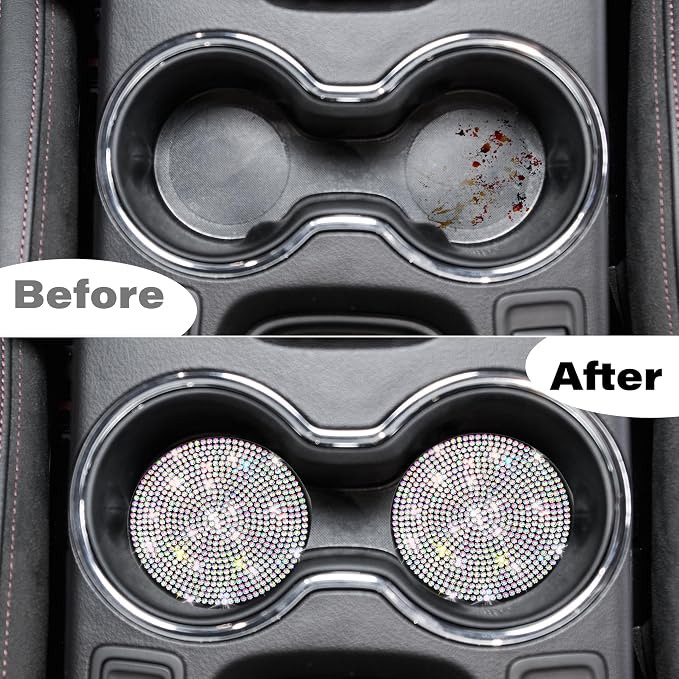 BFXM 2 PCS Bling Cup Holder Coaster, Car Accessories for Women 2.75 inch Diamond Universal Non-Slip Silicone Cup Holder Coasters, Sparkly Bling (Colorful)