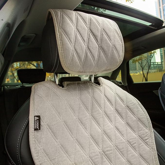 Leader Accessories 2pcs Sideless Front Seat Covers for All Seasons, Beige | Breathable Faux Linen Seat Cushions, Non-Slip Bottom With Headrest Protectors, Universal Fit For Car Van SUV Pickup Truck