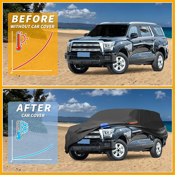 Waterproof All-Weather Universal Car Cover with Right Side Zipper, 190T Polyeste Black Blue Fits for SUV 190" to 200" Length