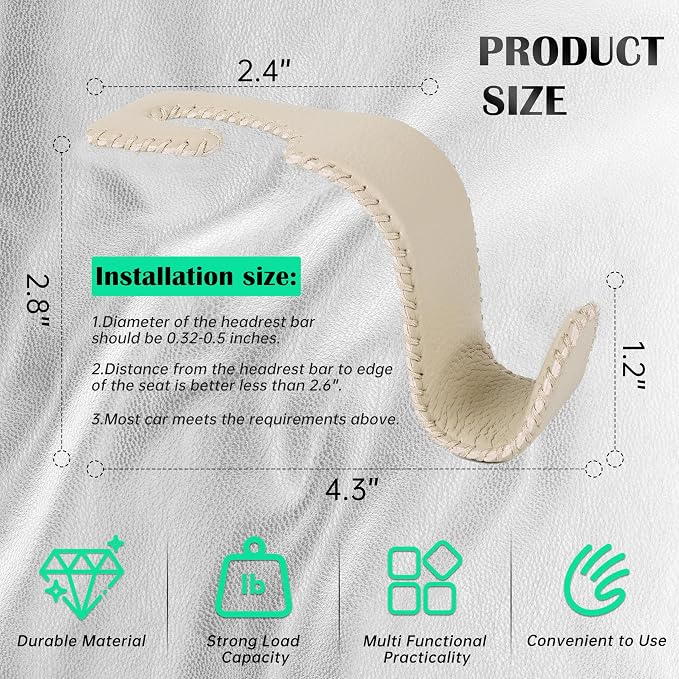 Amooca Car Seat Headrest Hook Universal Vehicle Storage Hanger Leather with Metal Car Seat Back Organizer for Handbag Purse Coat Beige 2 Pack