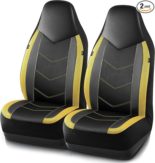 PIC AUTO Leather Car Seat Covers, Sports Carbon Fiber & Mesh Design, High-Back Two Front Set, Waterproof Automotive Seat Covers, Airbag Compatible, Universal Fit for Most Cars (Black & Yellow)