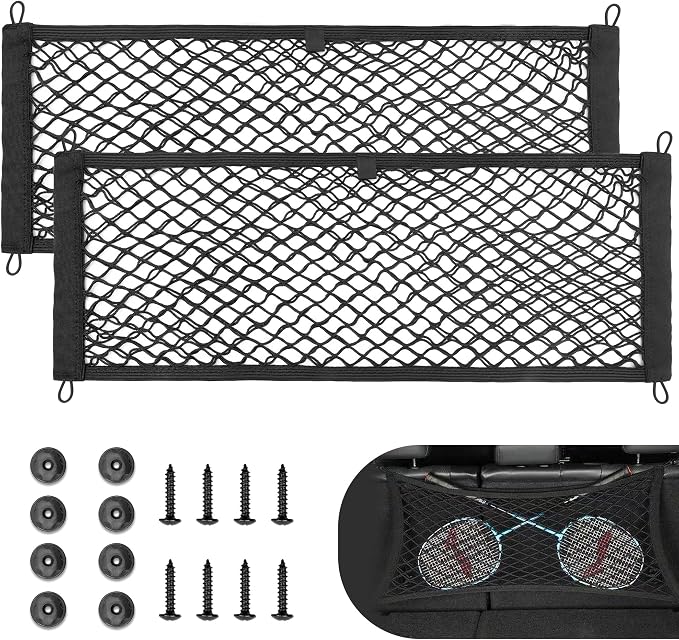 RED WOLF 2 Pcs Universal Cargo Net Pocket Elastic Mesh Netting Car Mesh Pouch for Trunk RV Boats Home Cargo Storage Mesh with Screws and Hooks (25.6'' x 9.8'')