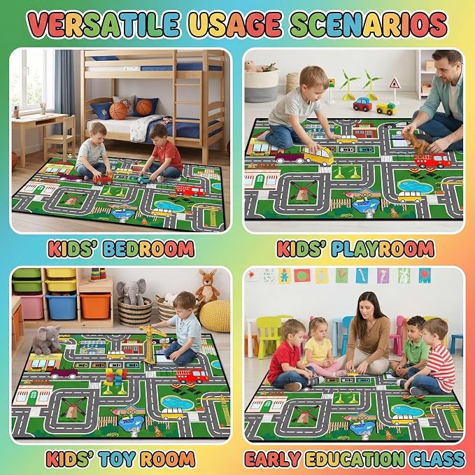 Car Rug 3x5 - Kids Playmat Rug - Educational Town City Map Carpet | Interactive street layout, Low-pile rolling surface, Textured rubber backing, High-density fabric, Machine washable