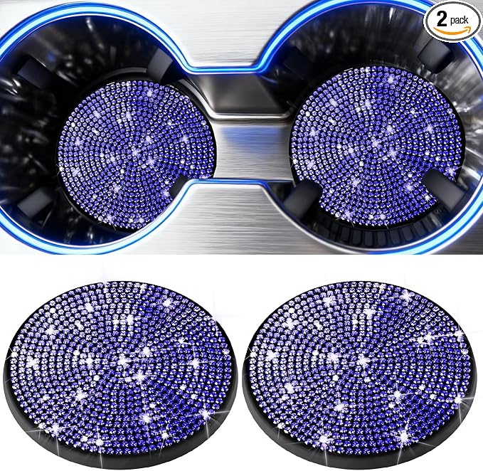 BFXM 2 PCS Bling Cup Holder Coaster, 2.75 inch Diamond Universal Non-Slip Silicone Cup Holder Coasters, Sparkly Bling Car Accessories for Women (Blue)