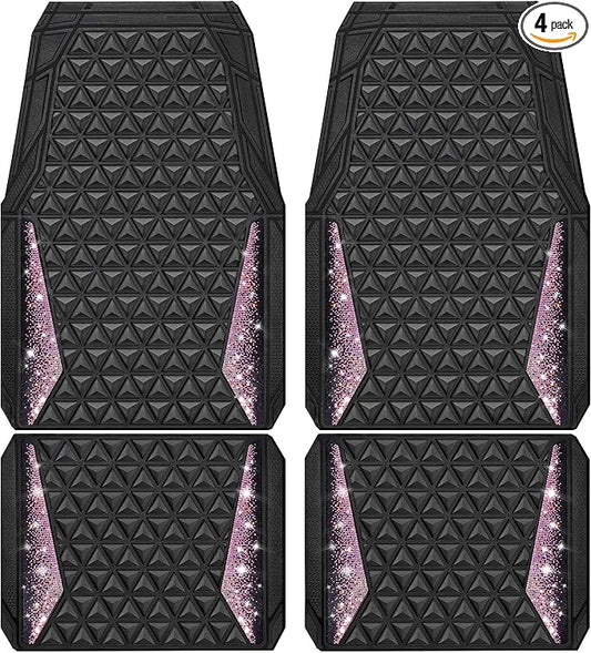 CAR PASS Bling Rubber Car Mats Diamond Floor Mats Full Set Anti-Slip 3D Rhombus Waterproof Universal Trim to Fit Liner Glitter Crystal Sparkly Shining Rhinestone Girl Women SUV Sedan Van, Black Pink