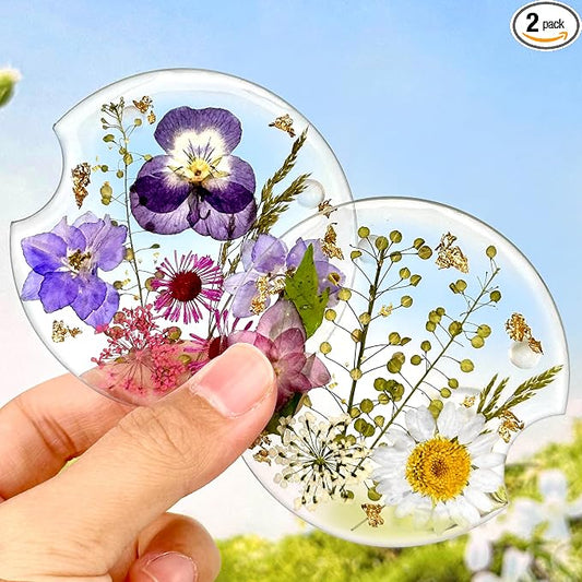 Swooflia Flower Car Cup Holder Coasters for Women - 2.75 Inch Cute Resin Clear Automotive Drink Cupholder Insert Car Accessories 2 Pack White Purple