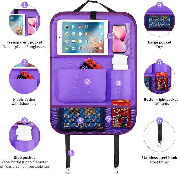 LUCMO Car Backseat Organizer with Foldable Tablet Holder, Dark Purple | 6 Storage Pockets,Foldable Food Tray,Protectors Kick Mats,Travel Accessories,Seat Cover,Road Trip Essentials
