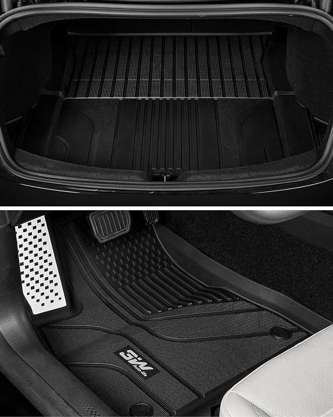 3W Tesla Model 3 Floor Mats 2024-2026 with Metal Pedal, Full Set with Cargo Liner, Highland All Weather Custom Fit Rear Trunk Mat Accessories Black
