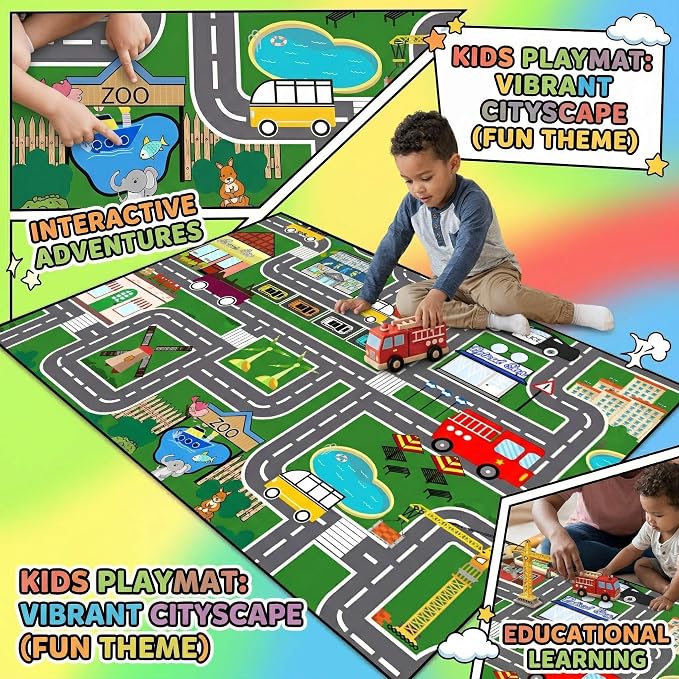 Car Rug 3x5 - Kids Playmat Rug - Educational Town City Map Carpet | Interactive street layout, Low-pile rolling surface, Textured rubber backing, High-density fabric, Machine washable