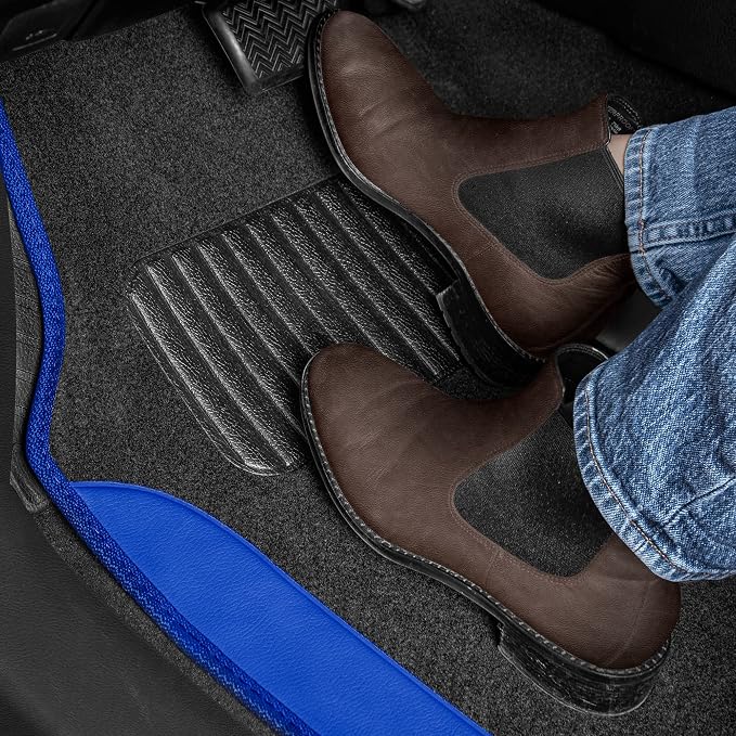 BDK Carpet Floor Mats for Cars, Two-Tone Carpet Car Mat with Faux Leather Accents, Automotive Floor Mat Sets with Built-in Heel Pad, Stylish Interior Car Accessories Blue