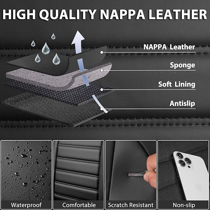 CAR PASS Nappa Leather Car Seat Covers Front Seats, Luxury Seat Protector for Cars, Waterproof Anti-Slip Seat Cushion Airbag Compatible Universal for Sedan SUV Pick-up Truck Automotive Vehicle, Black