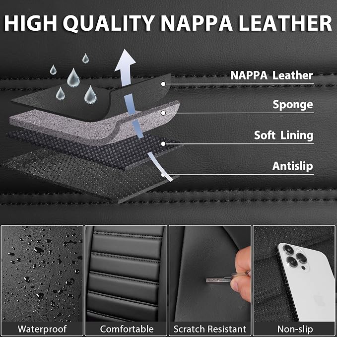 CAR PASS Nappa Leather Car Seat Covers Full Set, Luxury Seat Protector for Cars, Waterproof Anti-Slip Car Seat Cushion Armrest Compatible Airbag Universal for Sedan SUV Pick-up Truck Automotive, Black