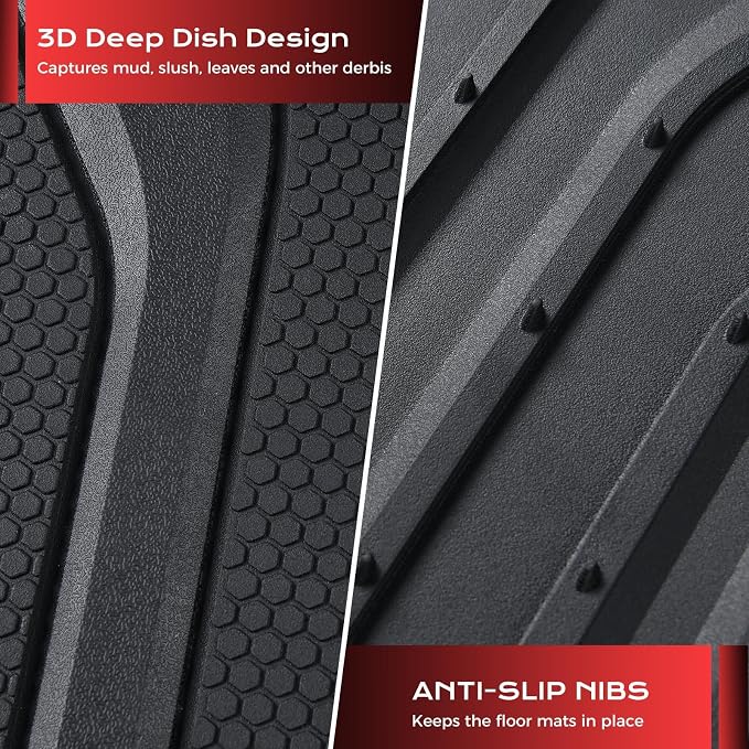 Coverado Car Floor Mats for Trucks, Waterproof All Weather Automotive Floor Mats for Front & Rear, Deep Dish Car Mat with Anti-Slip Backing, Trim to Fit Floor Liners for Cars (3 Pcs, Black&Gray)