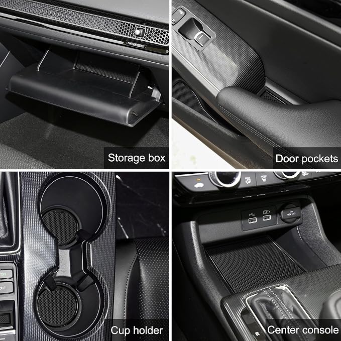 for Honda Civic Accessories 2022 2023 2024 2025 2026 11th Gen Sedan Cup Holder Insert Center Console Liner Door Slot Mats Pad Coaster Trim Premium Rubber Custom Interior 17PC Set (Black Trim)