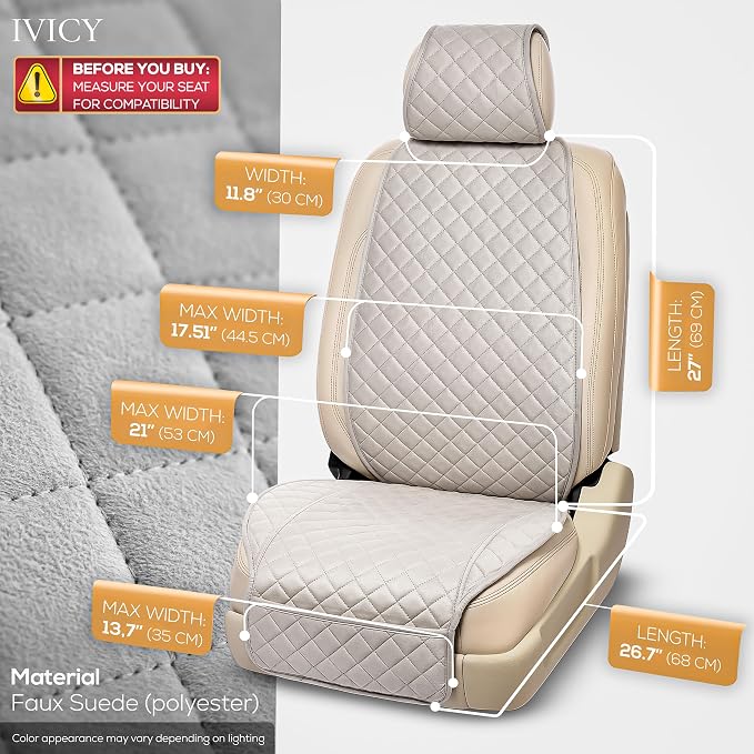 IVICY Faux Suede Front Car Seat Cover – Non-Slip Bucket Seat Protector for Most Cars, SUVs, Vans & Trucks – 1 Seat Cover, Machine Washable, Side-Airbag Friendly, Light Gray