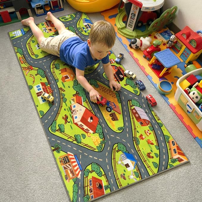 STARUIA Kids Rug Play Mat, 60"x32" Washable Car Rug for Toddlers, Educational Farm Road Play Rugs, Non-Slip Race Track Carpet for Kids, Kids Area Rugs for Playroom Bedroom Nursery