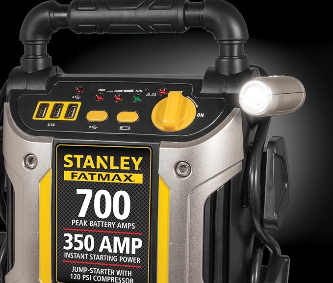 Stanley J7CS 700 Peak Amp Automotive Jump Starter, Portable Power – Triple 15W USB Ports, 120 PSI Air Compressor | Portable Power Station with Triple 15W USB