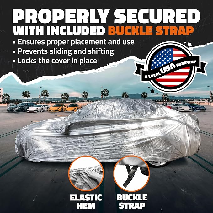 Mockins Medium 190"x75"x60" Water-Repellent 190T Polyester Sedan Car Cover | Soft Outdoor & Indoor Car Covers for Automobiles | All Weather Full Exterior Covers for Dust, UV, Light Rain, Snow & Frost