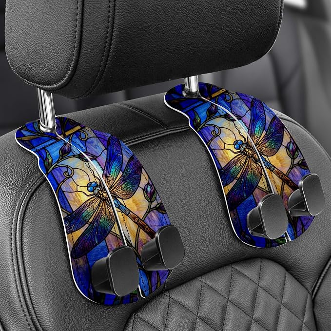 WOCOCN Purse Holder for Car, 2 Pack Heavy Duty Purse Hanger for Car, PU Leather Car Seat Hooks for Purses and Bags, Cute Dragonfly Headrest Organizer for Handbags & Backpacks