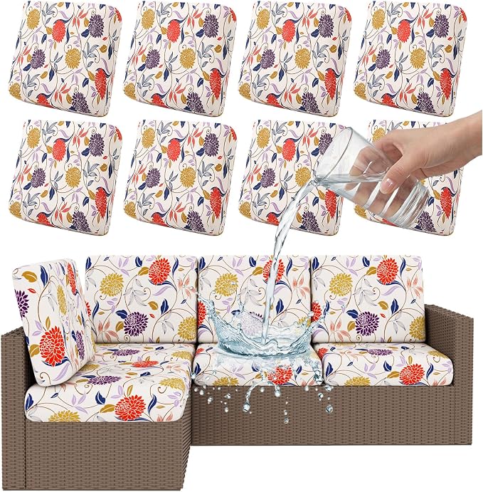 Smiry 8 Pcs Waterproof Patio Cushion Covers, Stretch Outdoor Furniture Covers | Couch Slipcovers Replacement, Washable Furniture Protector, UV-resistant Sofa Chair Seat Cover for Outdoor and Indoor, 8 Pcs