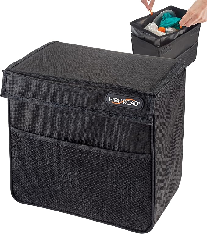 High Road TrashStand Weighted Car Trash Can with Lid and Removable Leakproof Liner - Universal Fit Behind Center Console in Back Seat - Holds 2 Gallons of Car Garbage | High Road's Behind Console Car Garbage Can With Bottom Weight, Floor Grips and Remo...