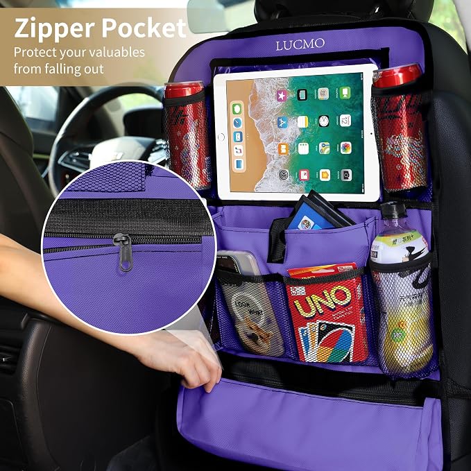 LUCMO Car Backseat Organizer with Touch Screen Tablet Holder, Dark Purple | 2 Pcs,9 Storage Pockets,Clear Tablet Holder,Protectors Kick Mats,Travel Accessories,Seat Cover,Road Trip Essentials