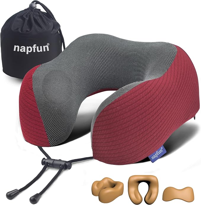 napfun Neck Pillow for Traveling, Upgraded Travel Neck Pillow for Airplane 100% Pure Memory Foam Travel Pillow for Flight Headrest Sleep, Portable Plane Accessories, Burgundy