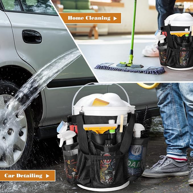 HODRANT 5 Gallon Bucket Organizer with Anti-fall Hooks & Buckle | Car Wash Bucket Caddy with Mesh Pockets, 5 Gallon Cleaning Tools Bag for Home, Auto, Garden & Fishing