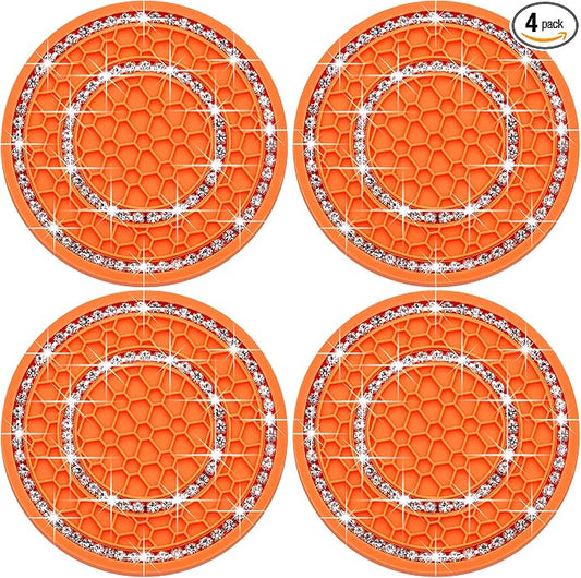 4PCS Bling Crystal Rhinestone Cup Holder Coaster, 2.75 inch Soft Silicone Anti-Slip Shockproof, Car Cup Holder Insert Coasters, Universal Car Interior Accessories for Women (Orange & White)