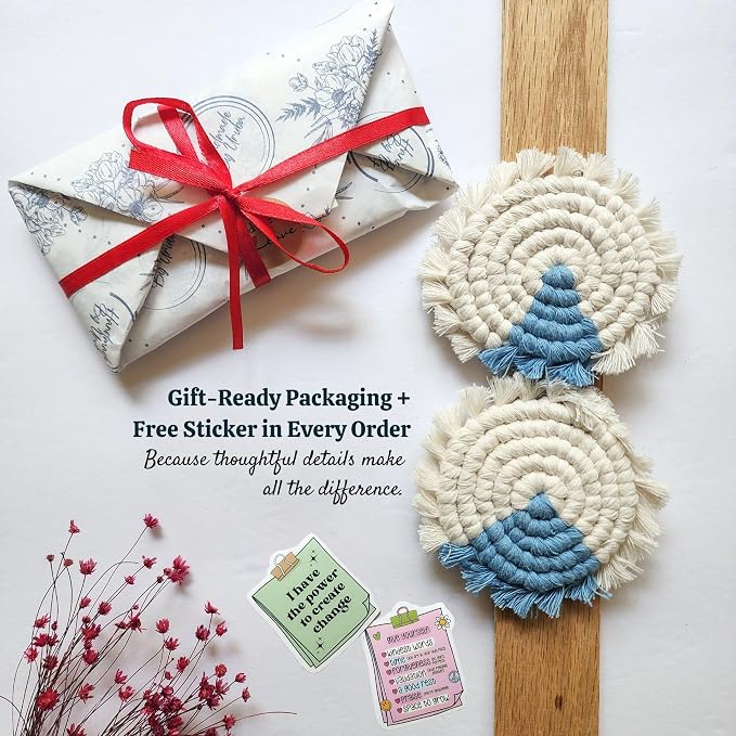 Cotton Car Coasters for Cup Holders, 2PC Car Cup Coasters, Drink Coaster Holder, Cute cupholder Coaster Accessories for Women, Macrame, Boho (Clear Sky)