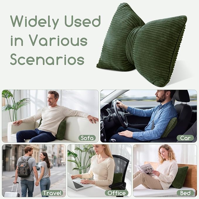 HIGOGOGO Lumbar Support Pillow for Recliner Chair, Bow Knot Shaped Back Support Cushion, Striped Corduroy Soft Decorative Lumbar Pillow for Office Chair, Sofa, Car, Bed, Living Room - Dark Green