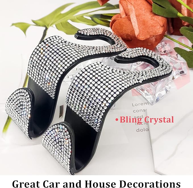 Dermasy® 2 Pack Car Hooks, 2021 New Bling Rhinestones Crystal Hooks Car Decorations Auto Seat Back Organizers Strong and Durable Backseat Hanger Storage Universal for SUV Truck Vehicle (Silver)