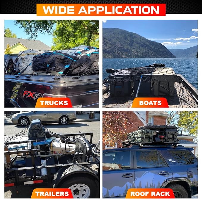 [Premium] 5'x7' Heavy Duty Cargo Net Stretches to 10' x 14', Extra Thick 10mm Cord Bungee Cargo Netting for Pickup Truck Bed, Roof Rack Net & 12 PCS Steel Carabiners | Extra Thick 10mm Cord Bungee Cargo Netting for Pickup Truck Bed, Roof Rack Net & 12 ...
