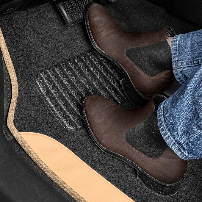 BDK Two-Tone Carpet Car Floor Mats with Faux Leather Accents, Automotive Floor Mat Set with Built-in Heel Pad, Stylish Interior Car Accessories (Beige)