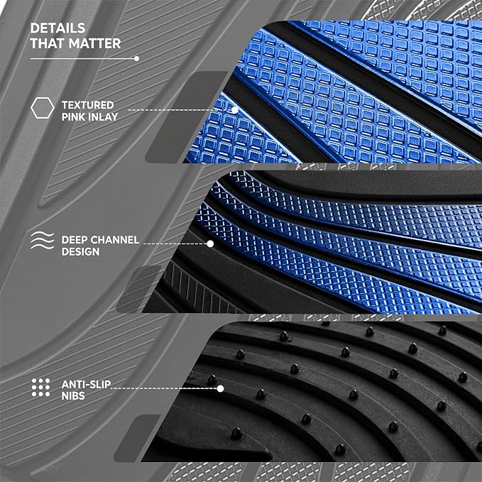 Road Comforts Car Floor Mats Full Set – Front & Rear Car Floor Mats with Aluminum Design, Anti-Slip Backing, All-Weather Protection, Trim-to-Fit Car Mats for Most Sedans, SUVs & Vans - - Blue