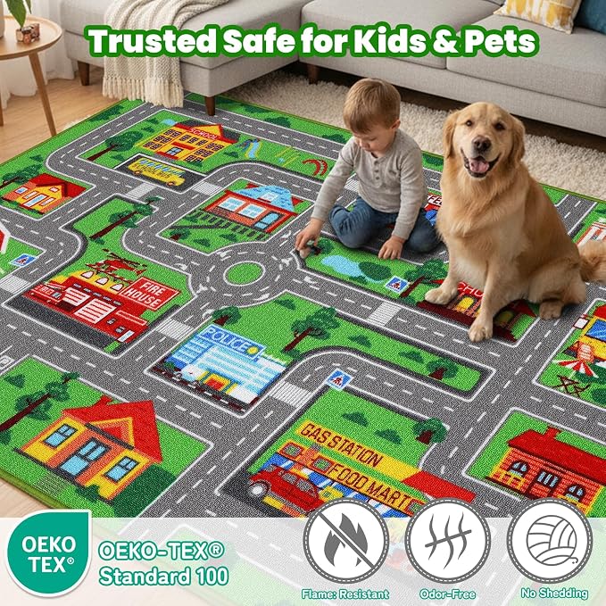 Kids Rug Car Carpet 78.7"x59", Car Rug for Kids Room Playroom Bedroom, Non-Slip Town City Road Map Rugs, Track Car Mat for Kids Boys Girls (78.7X59Inch,Green)