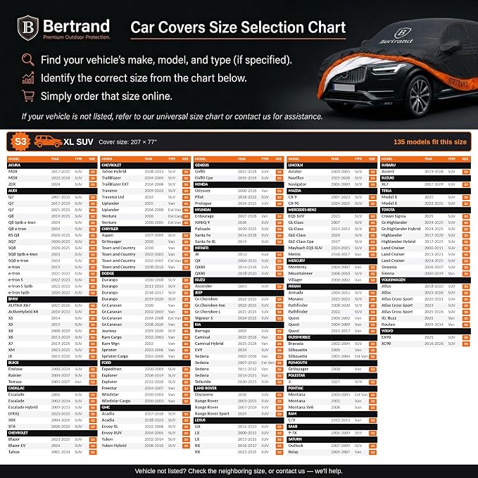 BERTRAND Heavy Duty SUV Car Cover Waterproof All Weather - Snow, Rain & UV Outdoor Protection | Cotton-Lined, Up to 8-Point Anchoring + Zipper Access | Extra Large SUVs, Black-Orange (207x77, S3)